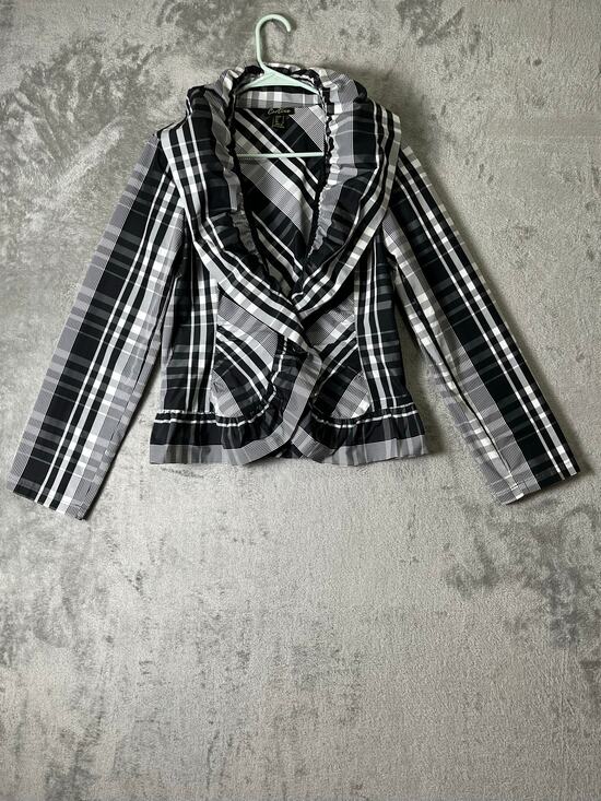 Cartise Jackets & Blazers - Cartise Plaid Draped Shawl Collar Peplum Blazer Jacket Black White Fitted Size 4
